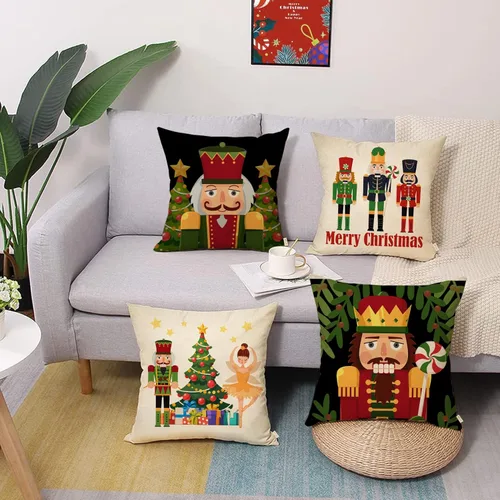 Miniatura 4 de Juego de 4 fundas de almohada decorativas con diseño de cascanueces navideñas, 20 x 20 pulgadas, árbol de Navidad, soldado de madera de dibujos