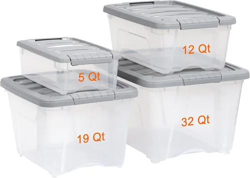 Miniatura 5 de Amazon Basics Contenedores de almacenamiento de plástico con tapas de cierre seguro, cubos organizadores apilables, transparente/gris, 5 cuartos