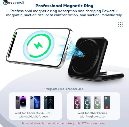 Meenova Cargador inalámbrico plegable 3 en 1 compatible con MagSafe, Apple iPhone 15 14 13 12, reloj, AirPods, ligero portátil, fuerte atracción