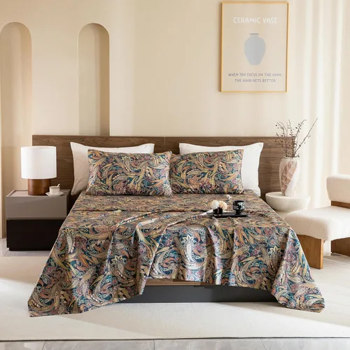 Miniatura 6 de Lady Ann Sábanas de cama tamaño Queen, juego de sábanas de algodón egipcio 100% con patrón estampado de flores Paisley, juego de ropa de cama de 4