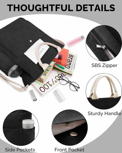 Miniatura 5 de Prite Bolso de mano de pana para mujer, bolso cruzado grande con bolsillos, bolso de mano para el trabajo, universidad, compras