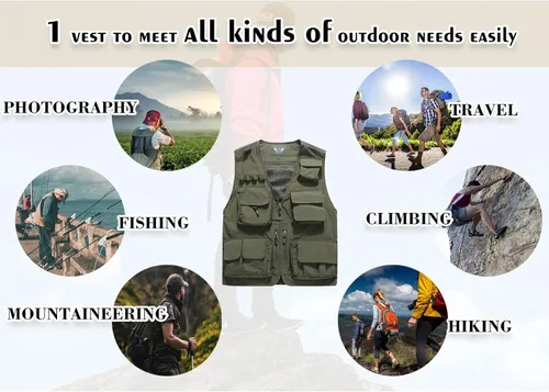 Miniatura 5 de Flygo Chaleco de carga para hombre, casual, para exteriores, trabajo, safari, pesca, viajes, fotos, chaleco con múltiples bolsillos