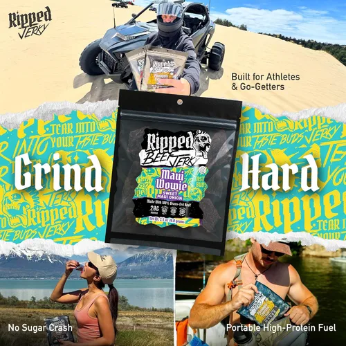 Miniatura 6 de Ripped Beef Jerky - 100% carne de res alimentada con pasto, 20g de proteína, ingredientes reales, sin gluten, sin MSG, hecho en EE. UU.
