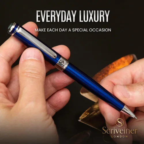 Miniatura 5 de Scriveiner Bolígrafo azul medianoche, impresionante bolígrafo de lujo lacado azul, acabado cromado, repuesto Schmidt negro, el mejor juego de regalo