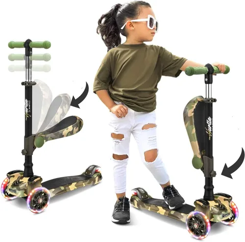 Hurtle Patinete de 3 ruedas para niños, luces LED de ruedas, manubrio ajustable de inclinación para dirigir y asiento plegable, paseo sentado o de