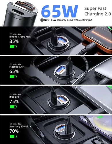 Miniatura 6 de AKESR Cargador de coche USB C de 65 W de carga rápida, accesorios de salida USB de 12 V para Carro, adaptador compacto para encendedor