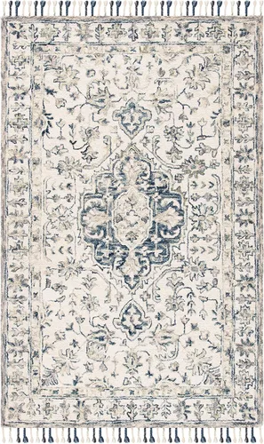 SAFAVIEH Aspen Collection - Alfombra decorativa de 2 x 3 pies, color marfil y azul, hecha a mano, lana trenzada con borlas, ideal para zonas de alto