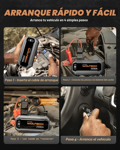 Miniatura 7 de WOLFBOX Arrancador de batería de 2000 A, batería de 44.4 Wh portátil con pantalla LED, paquete de arranque de batería de automóvil de 12 V