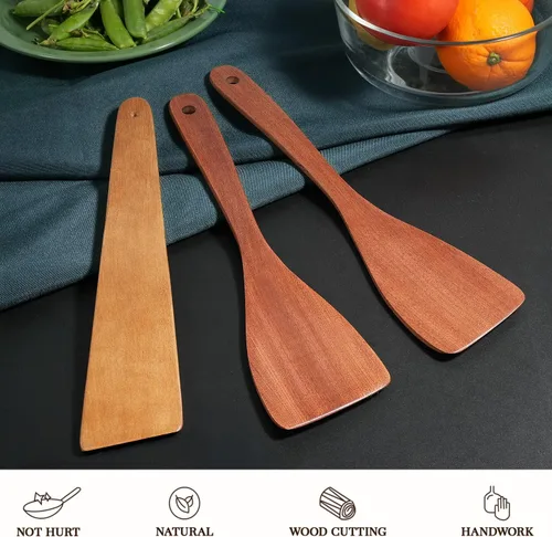 Miniatura 2 de 3 espátulas de madera, juego de espátulas planas de mango largo de 12 pulgadas para sartenes antiadherentes, cucharas de madera multiusos