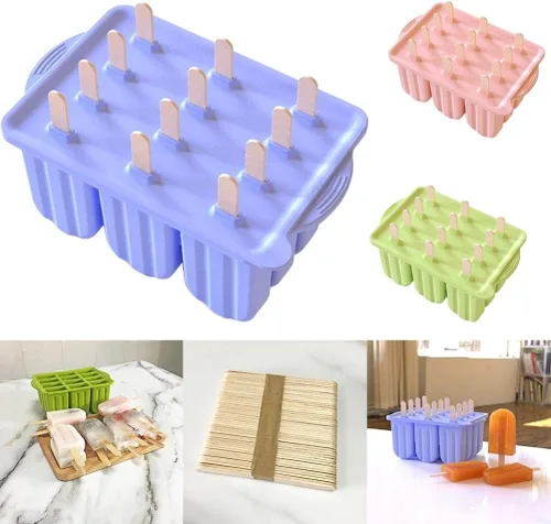 Miniatura 3 de Moldes de paletas reutilizables de 12 cavidades, helado de silicona con tapas y 50 palos de madera, suministros de cocina para paletas de bricolaje