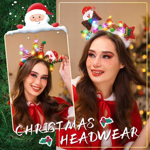 Miniatura 5 de Woeoe Led Christmas Headband Santa hat Hair Hoop Bells Cute Christmas Costume Snowman Headpieces Light Up Headpiece