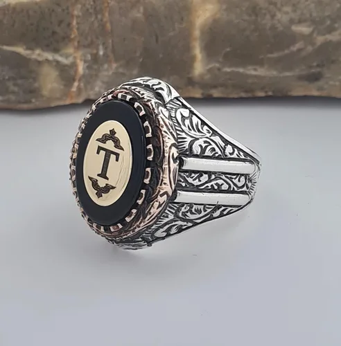 Miniatura 2 de Custom Personalized Letter Ring, Beautiful Handcrafted Personalized 925K Solid Sterling Silver Onyx Stone Men's Ring RP77