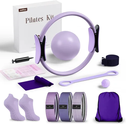 Miniatura 10 de Kit de Pilates para mujeres para entrenamiento en casa, equipo de Pilates juego de anillo y pelota con 3 bandas de resistencia de tela, pelota