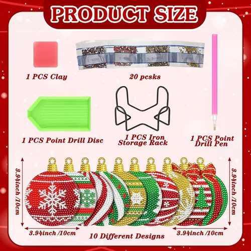Miniatura 4 de FairySandy 10 piezas de posavasos de pintura de diamante de Navidad Posavasos de arte de diamante de bola de Navidad con soporte Posavasos de bola