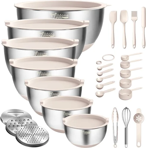 Wildone Cuencos para Mezclar con Tapas Herméticas, 27 PCS Cuencos de Acero Inoxidable Anidables, con 3 Accesorios de Rallador, Marca de Escala y