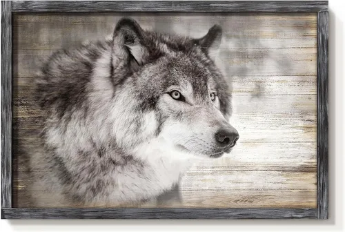 Miniatura 13 de Arte de Pared Enmarcado de Lobo: Pintura Moderna de Animales Salvajes de Madera Rústica Natural Imagen de Vida Silvestre Obra de Arte de Lobo Gris