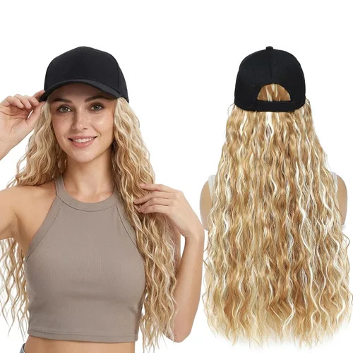 Miniatura 13 de Gorra de béisbol con peluca y extensiones de cabello, con piezas de cabello sintético marrón resistente al calor unidas, para mujeres y niñas