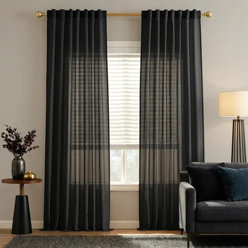 PANELSBURG Cortinas de lino bohemio color negro traslúcido de 84 pulgadas de largo para sala de estar, con pestaña trasera, bolsillo para cortinero,