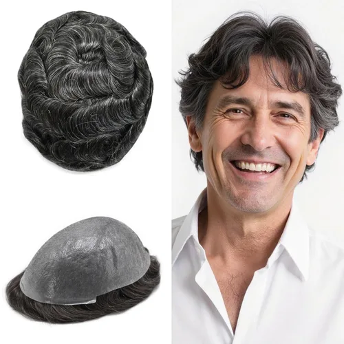 Miniatura 11 de Tupé para hombre, extensiones de cabello humano Remy para hombre, piel fina, 0.002 in, sistema de reemplazo de cabello con bucle en V para hombres