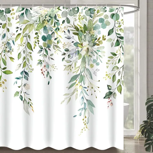 Miniatura 18 de Cortina de ducha extra larga de eucalipto gris y blanco de 84 pulgadas, cortinas de ducha de hojas florales grises para baño, cortina de baño