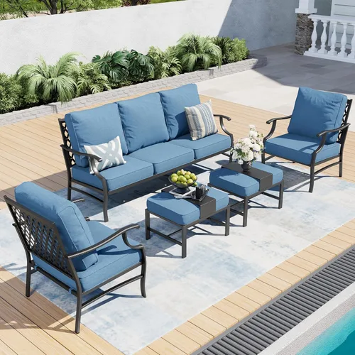 Miniatura 11 de SUNSHINE VALLEY Juego de muebles de patio, 4 piezas de muebles modernos de metal para exteriores, sofá de 3 plazas, 2 sillas mecedoras, mesa