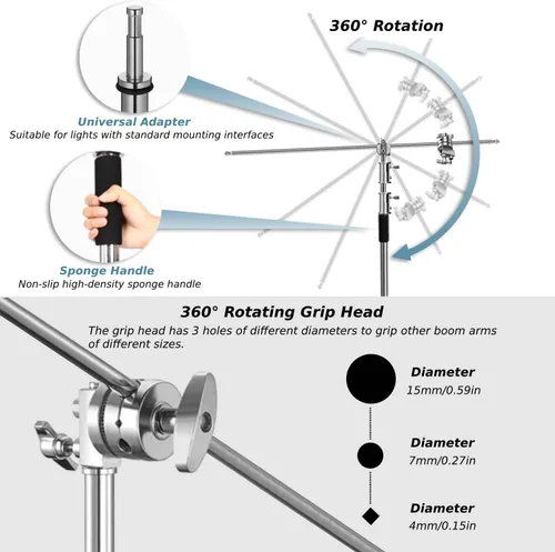 Miniatura 4 de Soporte en C resistente con brazo de pluma, soporte de luz de fotografía resistente de acero inoxidable, altura ajustable de 4.9 pies a 10.8 pies