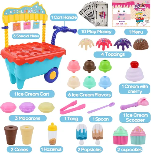 Miniatura 2 de Gifts2U Carrito de helado de juguete para niños, juego de 45 piezas de helado, tienda de juegos de simulación con carrito de almacenamiento