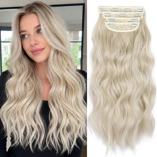 Miniatura 22 de 4 extensiones de cabello sintético con clip, extensiones de cabello rizado de 20 pulgadas de largo con clip (color: marrón medio)