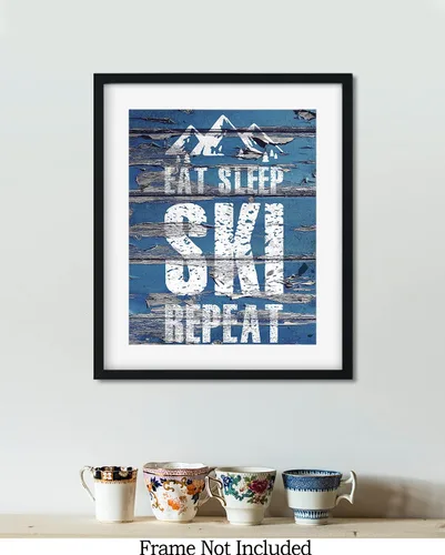 Miniatura 7 de Eat Sleep Ski Repeat Wall Decor Art Print sobre un fondo de madera azul – 11x14 sin marco con tema de esquí – Gran regalo para familiares y amigos