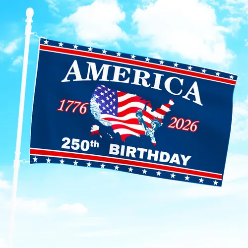 Miniatura 5 de Bandera de aniversario de 250 de 3 x 5 pies, 2 caras, 3 capas, bandera de aniversario del 250 aniversario We The People 1776-2026, decoración