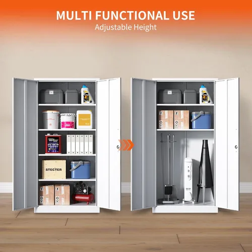 Miniatura 6 de Armario de almacenamiento de metal con estantes ajustables, armario de herramientas de garaje con 2 puertas con cerradura para oficina, hogar, Blanco