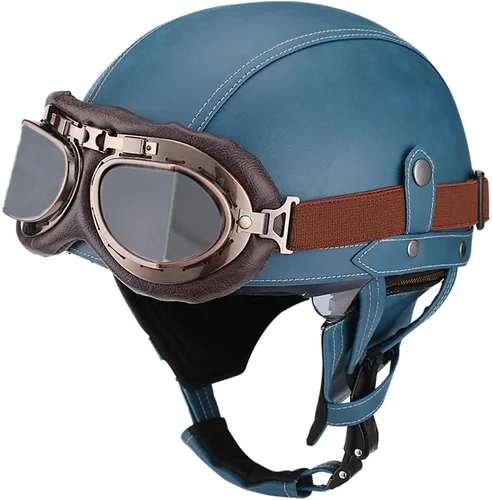 Miniatura 8 de Casco retro de cuero vintage para motocicleta, para hombres y mujeres, adultos, para scooter, bicicleta, crucero, con gafas y lente solar