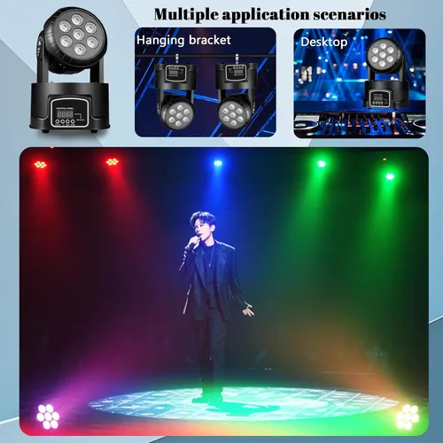 Miniatura 4 de MINGJIE Luces de DJ con cabeza móvil, 12 colores 7x10W LED foco de escenario de lavado con DMX y sonido activo, inclinación de 540° de inclinación