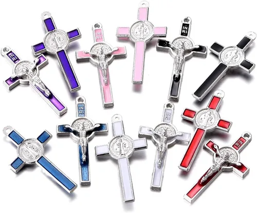 Colgante de cruz esmaltada chapada en plata mixta para hacer joyas, collares, accesorios de joyería DIY, 0.827 in x 1.555 in (A625)