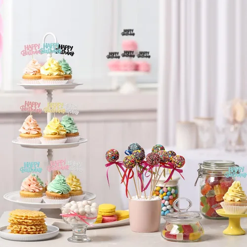 Miniatura 4 de Gyufise 24 piezas de decoración para pastel de cumpleaños con purpurina, adornos brillantes para pastel de cumpleaños, adornos de comida para 6