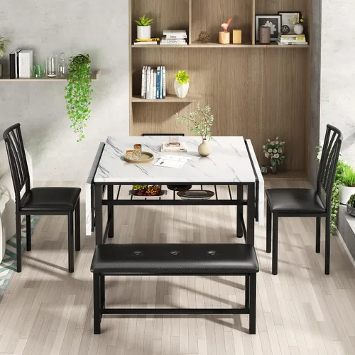 Miniatura 7 de AWQM Mesa de comedor de 4 piezas de mármol sintético con estante de almacenamiento, juego de mesa de rincón de desayuno que ahorra espacio con 2