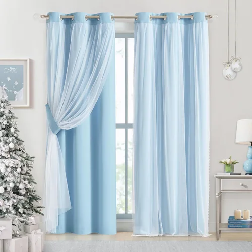 Miniatura 9 de Bujasso- 2 cortinas 80% blackout azul cielo c/capa superpuesta traslúcida, doble capa térmica y aislante p/mezclar y combinar, parte superior