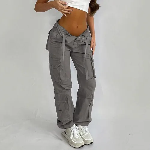 Miniatura 5 de Pantalones cargo de tiro bajo para mujer, pantalones de paracaídas holgados Y2K, ropa de calle, pantalones sueltos de cintura alta, pantalones