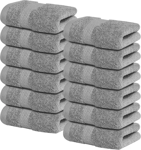 Infinitee Xclusives Toallas de lujo para la ducha [13 x 13] – 100% algodón [paquete de 12], toallas faciales suaves y absorbentes para baño, Gris