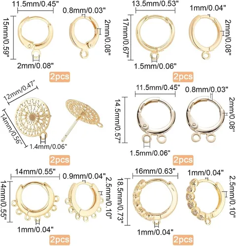 Miniatura 4 de PH PandaHall Aretes de aro chapados en oro de 18 quilates, 12 piezas de aretes de latón, pequeños aretes de oro con lazo para mujer, aretes de Oro
