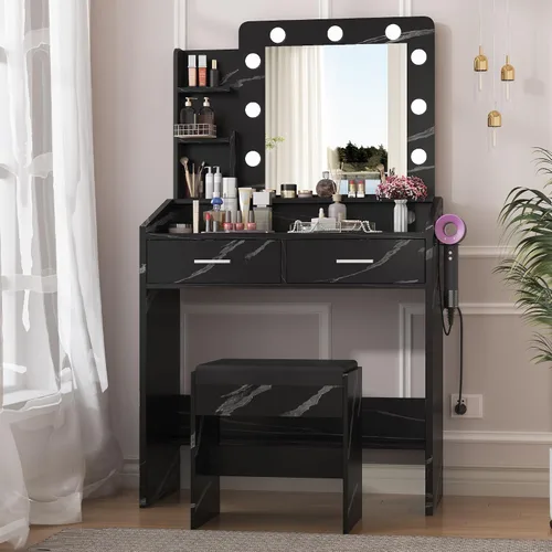 Miniatura 10 de Patikuin Escritorio de tocador con espejo y luces para dormitorio, mesa de maquillaje moderna de mármol blanco con 2 cajones, 3 modos de luz y LED