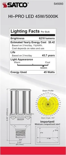 Miniatura 7 de Satco S49393 Bombilla LED de mazorca de maíz, base extendida Mogul, 45 W, clasificación de 35000 horas, 6210 L, luz natural