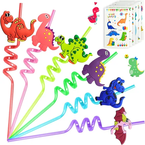 Miniatura 8 de 24 pajitas de plástico reutilizables de dinosaurio + 6 tatuajes temporales de dinosaurios para niños y niñas Suministros de fiesta de cumpleaños