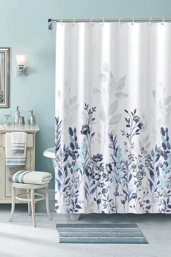Miniatura 9 de Neasow Cortina de ducha azul y gris, cortina de baño floral de acuarela verde azulado y blanco, 72 x 72 pulgadas