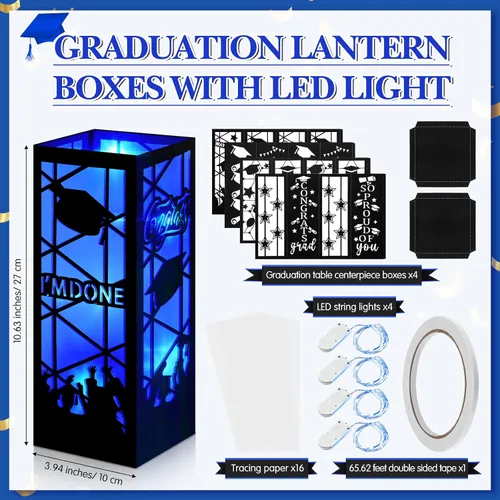 Miniatura 3 de Feifeiya 4 piezas de centros de mesa de graduación 2026, faroles de mesa de graduación de clase 2026 con tira de luces LED para felicitaciones, Azul