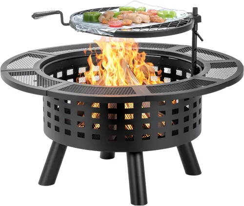 Miniatura 9 de Verdeluxe Hoguera al Aire Libre de 91 cm con Parrilla, Hogueras de Leña para Exteriores con Tapa y Atizador, Mesa de Hoguera 3 en 1 de Metal