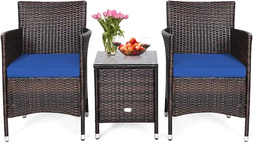 Miniatura 11 de HAPPYGRILL Juego de muebles de mimbre de mimbre para patio de 3 piezas, juego de conversación de ratán al aire libre con mesa auxiliar, sillas