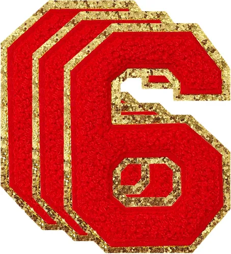 Miniatura 24 de 3 parches de números de chenilla negra, tamaño grande de 4-1/2" parches de números para planchar, parches universitarios para ropa, 8" Borde oro rosa