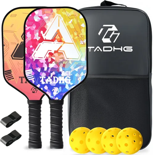 TADHG Juego de 2 paletas de pickleball ligeras de 8.4 onzas con núcleo de panal de abeja, superficie apta para giros, 4 bolas