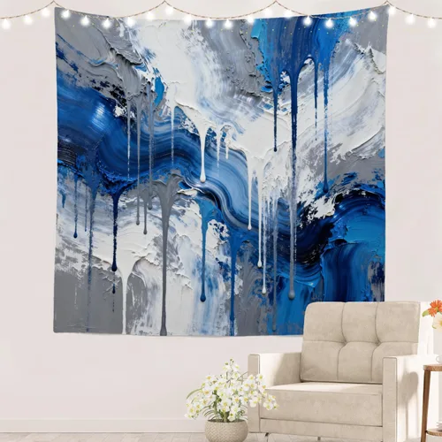 Miniatura 85 de Batmerry Tapiz azul y blanco, tapiz abstracto de pintura azul, negro, gris y blanco, para sala de estar, dormitorio, pared, decorativo, 51.2 x 59.1